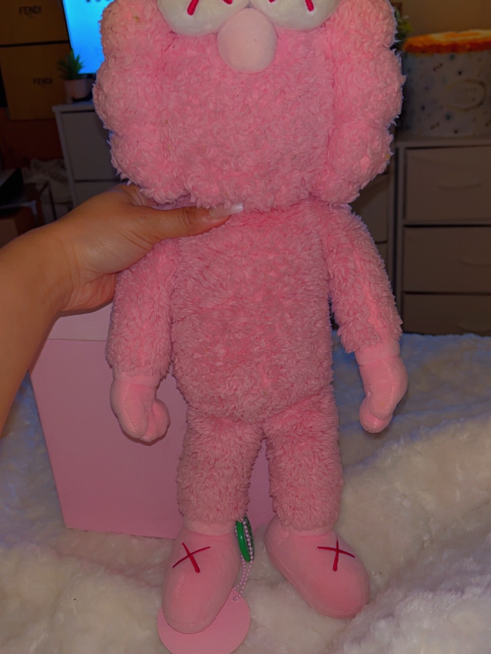 KAWS Pink BFF Plush Teddy Bear Doll with Red Embroidered Logo